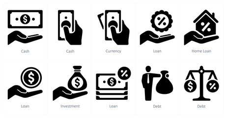 A set of 10 Loan and Debt icons as cash, currency, loan