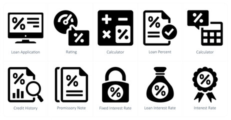 A set of 10 Loan and Debt icons as loan application, rating, calculator - obrazy, fototapety, plakaty