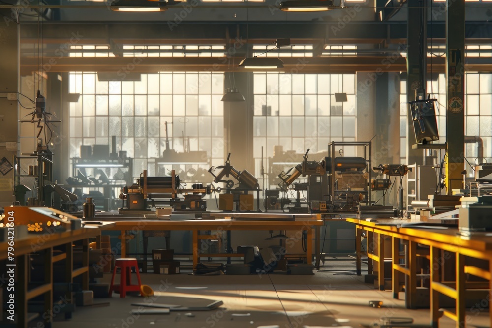 Poster a busy factory filled with machinery and workstations. ideal for illustrating manufacturing processe