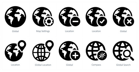 A set of 10 Navigation icons as global, map settings, location