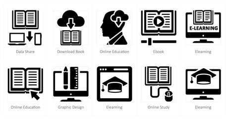 A set of 10 online education icons as data share, download book, online education