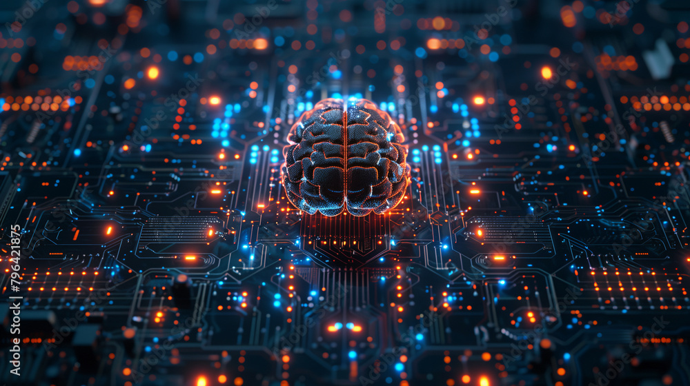 Poster cybernetic brain's glowing neural network at the circuit board's center embodies futuristic artifici