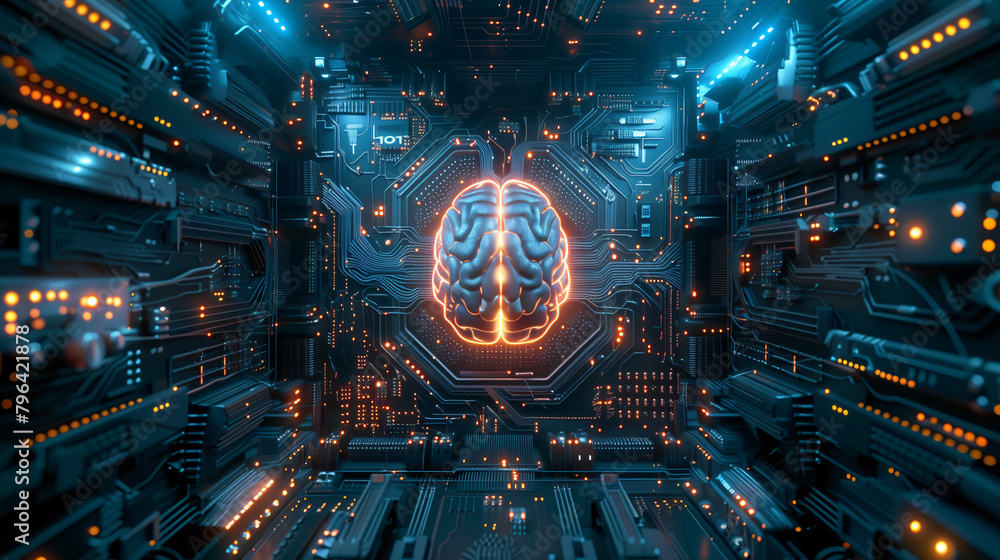 Aufkleber circuit board's glowing cybernetic brain with integrated neural networks represents the forefront of