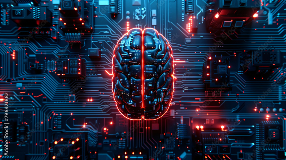 Poster glowing with cybernetic brilliance, the neural network within the circuit board's brain signifies a 
