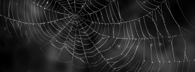 cobweb, black background web halloween design element spider, white line art element for decoration and print on poster, card or wallpaper with copy space isolated. white spider web with dew drops