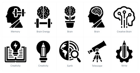 A set of 10 School and Education icons as memory, brain energy, brain
