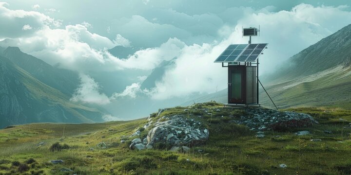 An outhouse on a grassy hill with a mountain in the background. Suitable for outdoor and nature themes