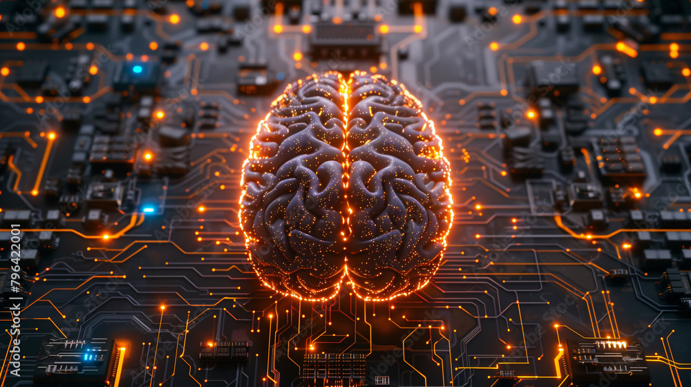 Poster the futuristic circuit board is defined by the cybernetic brain's glowing neural network at its core