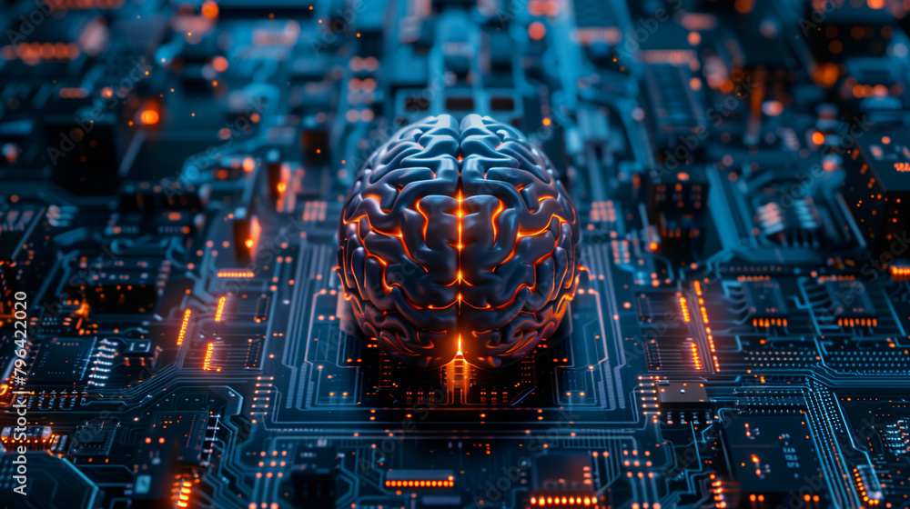 Poster within the circuit board's intricate design, the cybernetic brain's glowing neural network shines wi