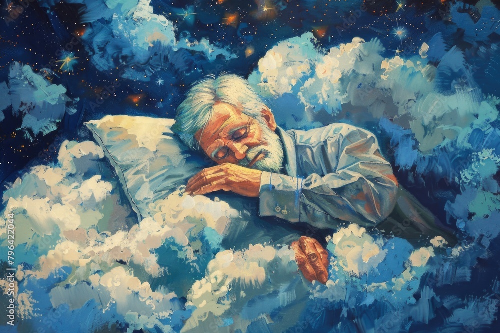 Poster a man laying on a pillow in the clouds, suitable for dreamy concepts