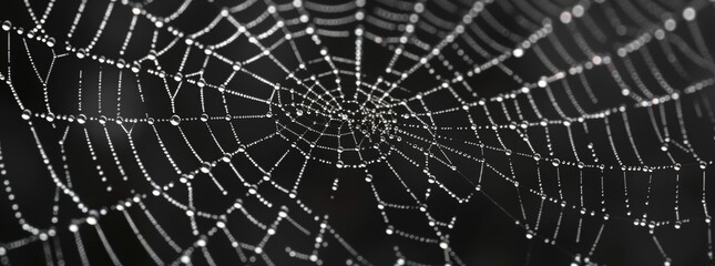 cobweb, black background web halloween design element spider, white line art element for decoration and print on poster, card or wallpaper with copy space isolated. white spider web with dew drops