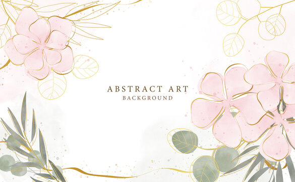 Abstract art background vector. Luxury minimal style wallpaper with golden line art flower and botanical leaves, Organic shapes, Watercolor. Vector background for banner, poster, Web and packaging.