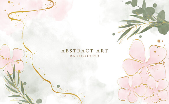 Abstract art background vector. Luxury minimal style wallpaper with golden line art flower and botanical leaves, Organic shapes, Watercolor. Vector background for banner, poster, Web and packaging.