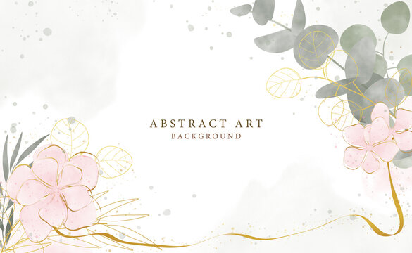 Abstract art background vector. Luxury minimal style wallpaper with golden line art flower and botanical leaves, Organic shapes, Watercolor. Vector background for banner, poster, Web and packaging.