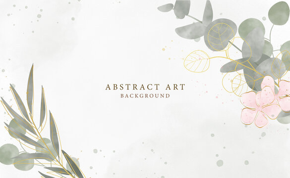 Abstract art background vector. Luxury minimal style wallpaper with golden line art flower and botanical leaves, Organic shapes, Watercolor. Vector background for banner, poster, Web and packaging.
