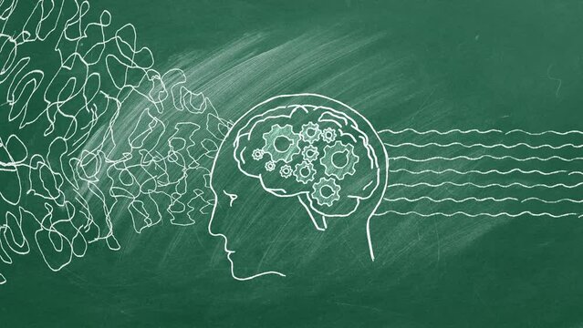 Chalk-drawn profile of a human head on a blackboard, with gears symbolizing an organized mind emerging from a mess of scribbles.  Machine learning, artificial intelligence, AI