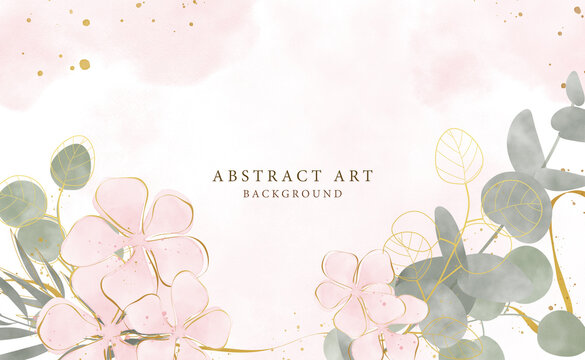 Abstract art background vector. Luxury minimal style wallpaper with golden line art flower and botanical leaves, Organic shapes, Watercolor. Vector background for banner, poster, Web and packaging.