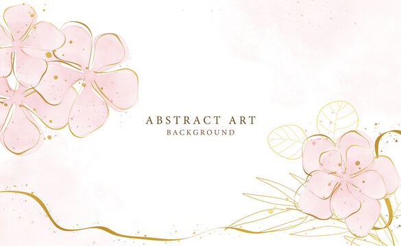 Abstract art background vector. Luxury minimal style wallpaper with golden line art flower and botanical leaves, Organic shapes, Watercolor. Vector background for banner, poster, Web and packaging.