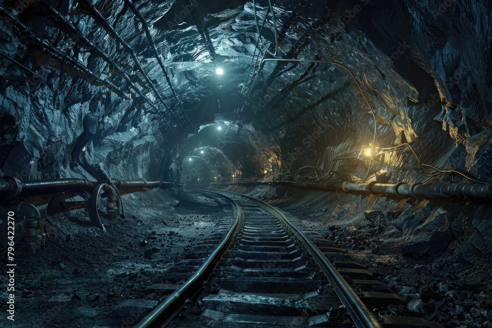 Poster train track in tunnel with light at end, suitable for transportation themes