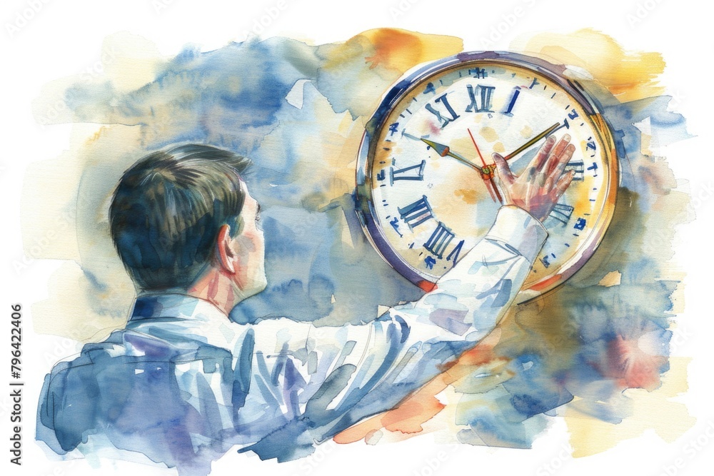 Poster a man holding a clock, perfect for time management concepts