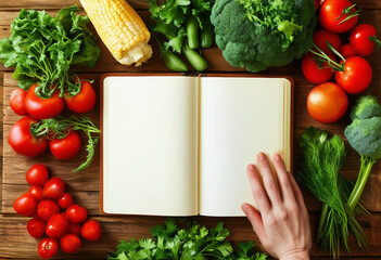 An open recipe book on the table around laid out vegetables, top view, copy space