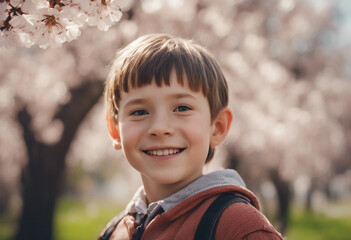 Portrait of a little boy smiling against the backdrop of a blooming cherry orchard