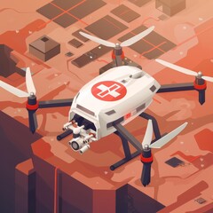 A flat design medical drone swiftly navigates through a disaster zone, its compact, stylized body equipped with lifesaving supplies and advanced detection technology