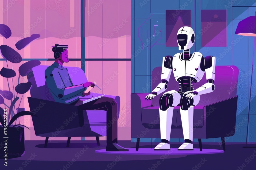 Poster A futuristic robot sitting next to a man working on a laptop. Suitable for technology and artificial intelligence concepts