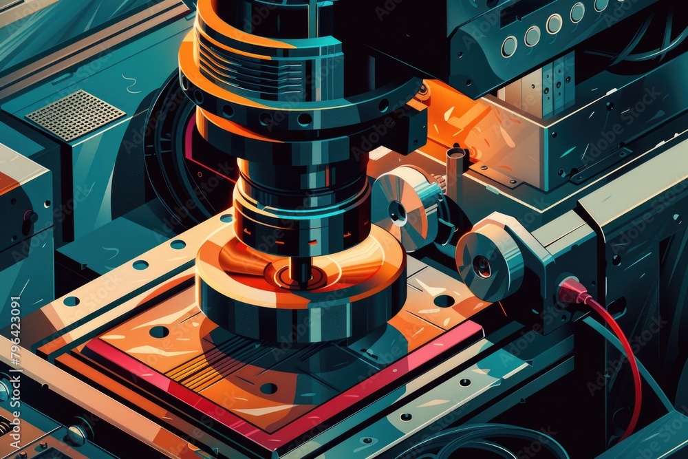 Poster close up of a machine on a table, suitable for industrial or technology concepts