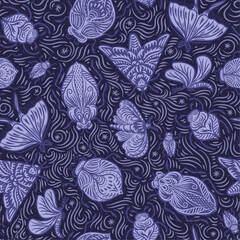 Beetles and bugs with linocut ornaments. Monochrome blue. Seamless vector pattern.