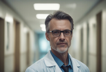 Portrait of a doctor against the background of a hospital corridor