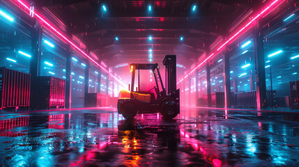 Solitary forklift in a high-ceiling warehouse, with cool neon lighting creating a futuristic atmosphere