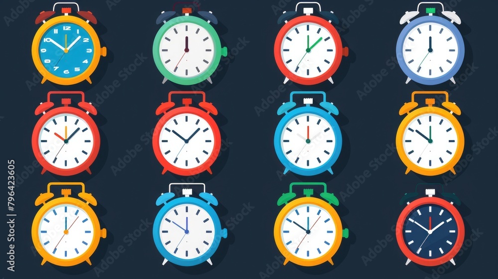 Aufkleber various colored clocks on a dark backdrop. suitable for time management concepts