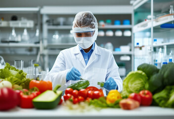 A biologist laboratory assistant checking food products for quality against the background of the laboratory