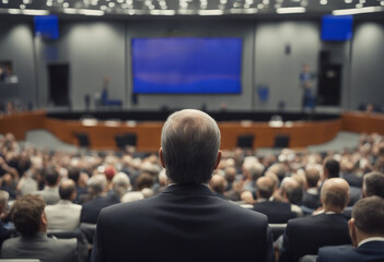 Politician speaks to colleagues against the backdrop of a blurred audience