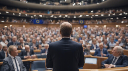 Politician speaks to colleagues against the backdrop of a blurred audience