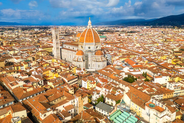 Panoramic erial cityscape view on the dome of Santa Maria del Fiore church and old town in Florence