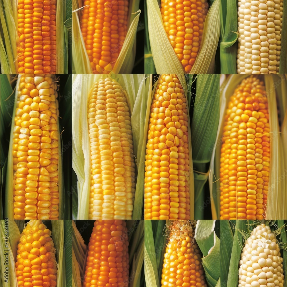 Poster a collage of pictures showing different views of corn on the cob. suitable for food and agriculture 