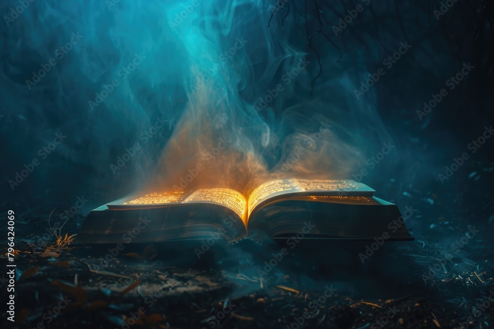 Poster an open book placed in a forest setting. suitable for educational or nature-themed designs