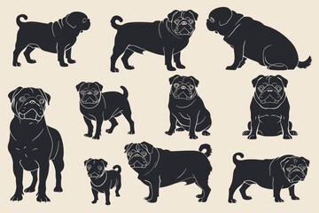 A variety of pug dogs posing for the camera. Perfect for pet lovers and animal enthusiasts
