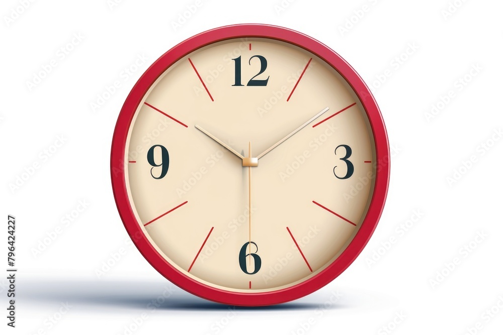 Poster Simple red and white clock on a clean white background. Suitable for time management concepts