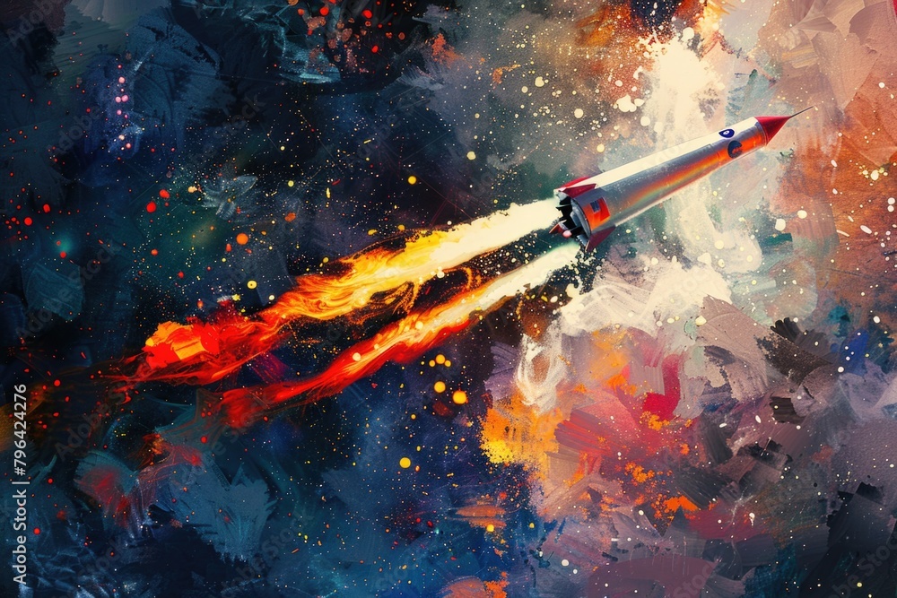 Poster a painting of a rocket taking off, suitable for science and technology themes