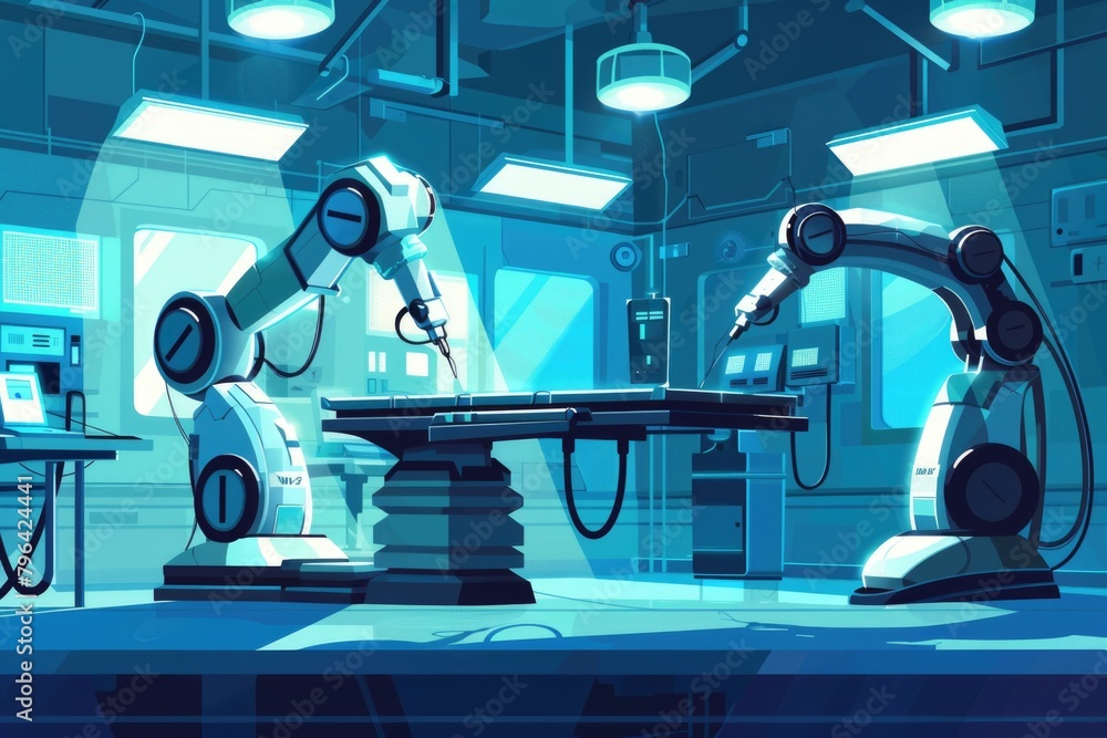 Poster a robot assisting in a hospital operating room. suitable for medical and technology concepts