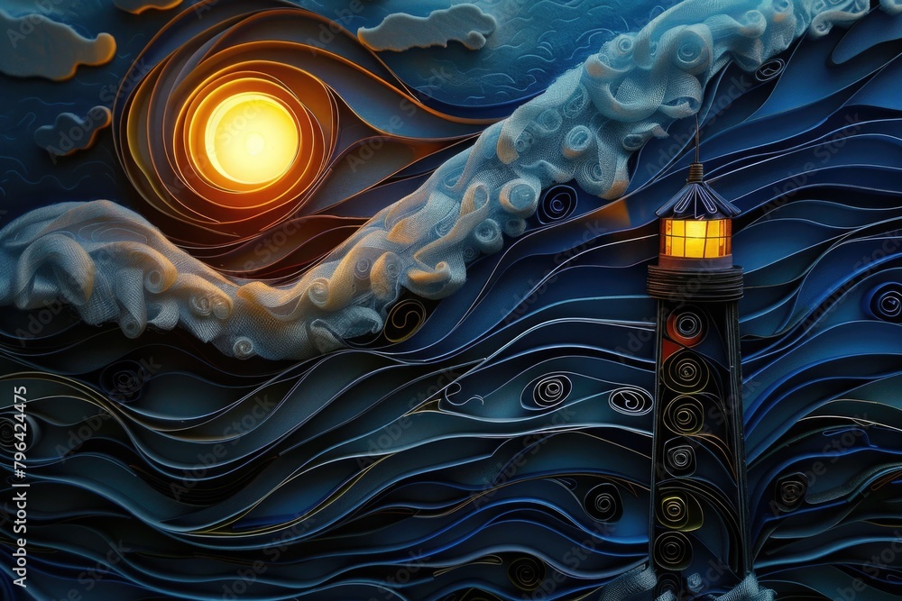 Poster a painting of a lighthouse standing in the middle of the vast ocean. suitable for maritime themes