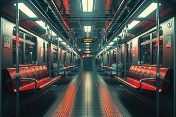 Fototapeta premium Interior of a subway car with red lights, suitable for transportation themes