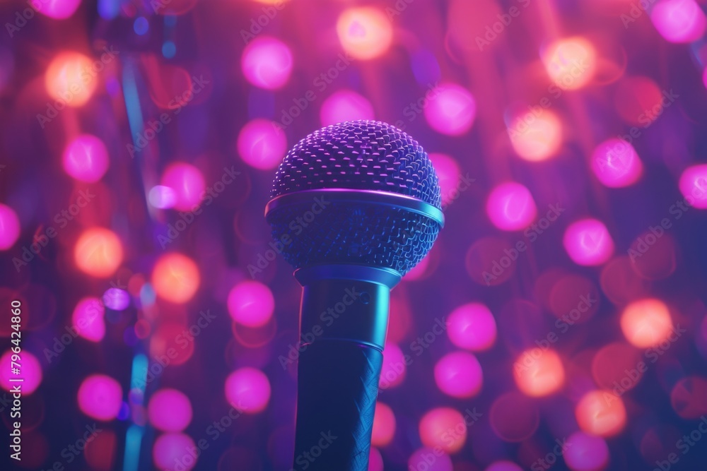 Poster a microphone with colorful lights in the background. perfect for music events