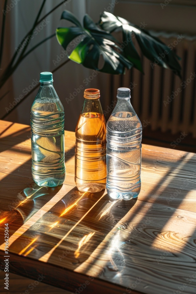 Poster three bottles of water placed on a wooden table. suitable for hydration concept