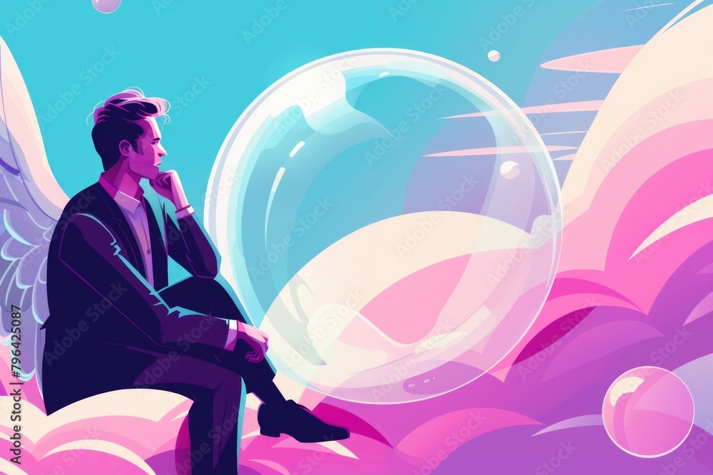 Poster a man sitting on a cloud with a bubble in his hand. suitable for dreamy or surreal concepts