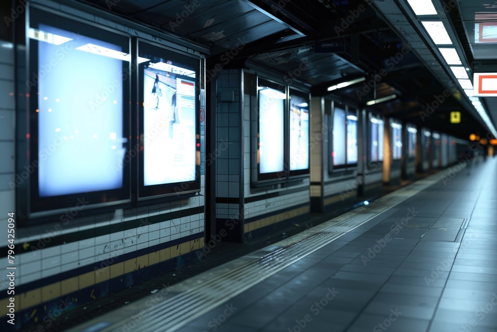Poster A subway platform with a row of posters. Suitable for transportation concepts