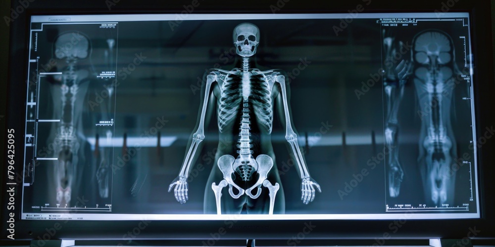 Poster a spooky skeleton displayed on a computer screen, perfect for halloween designs